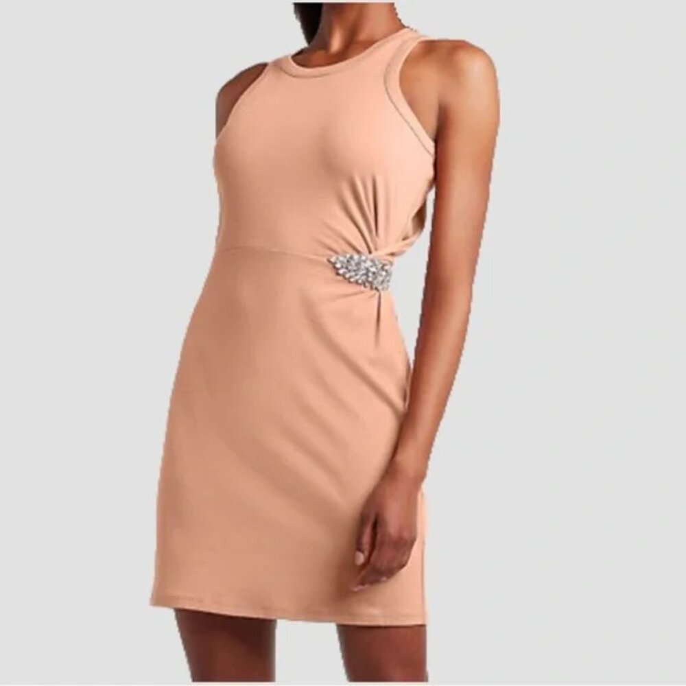 NWT Express blush/ peach rhinestone brooch side gathered ruched sleeveless dress